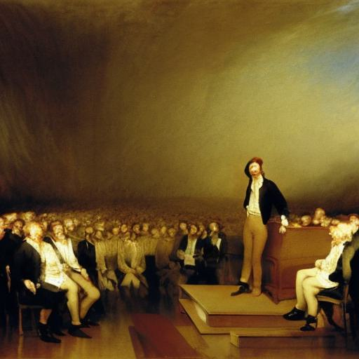 Prompt: oil painting of a charismatic leader giving a speech to a large crowd large crowd in the style of Joseph Mallord William Turner